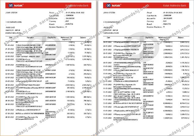 India Kotak Mahindra bank statement template, Word and PDF format, 7 pages